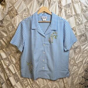 Vintage Blue White Checkered Button Top w/ Hummingbird Florals / Size L/XL